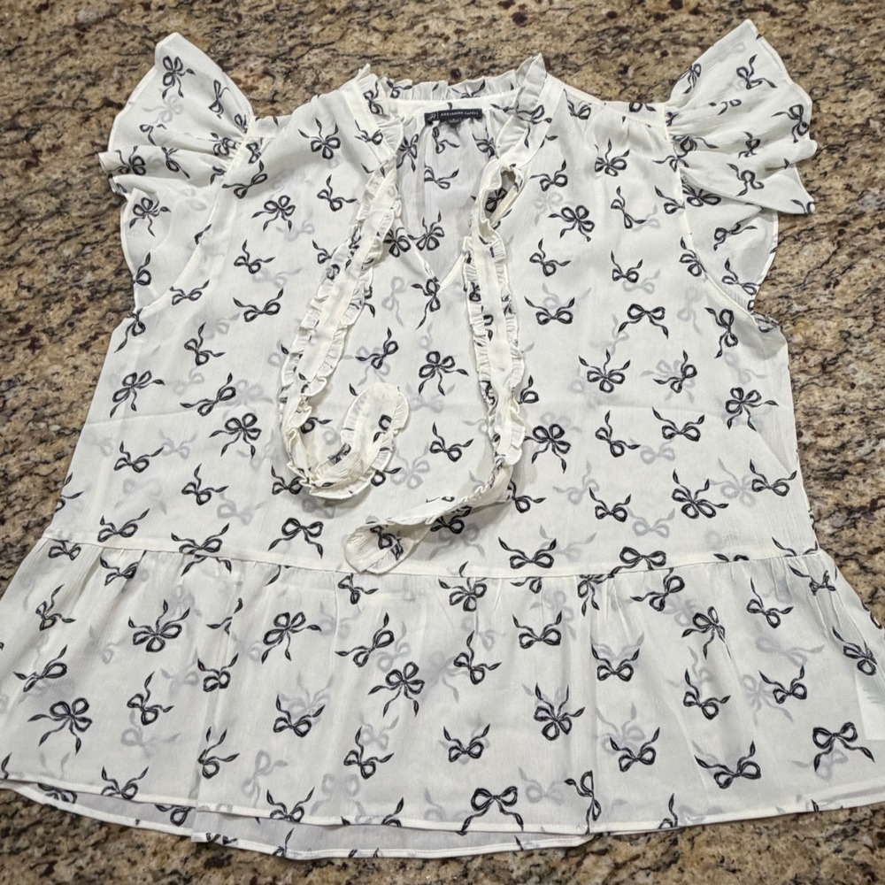 Adrianna‎ Papell Womens Tie Ivory Black Bow Print Ruffle Flutter Sleeve Blouse L